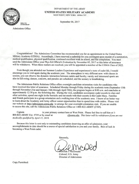 Coast Guard Academy Acceptance Letter
