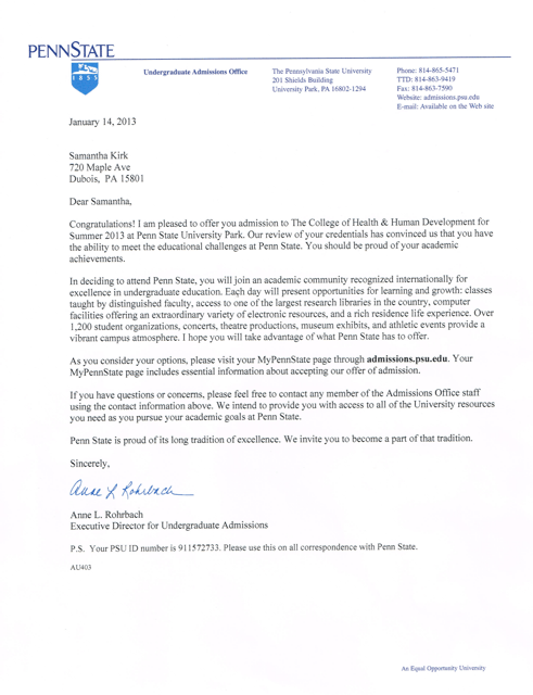 Penn State Acceptance Letter