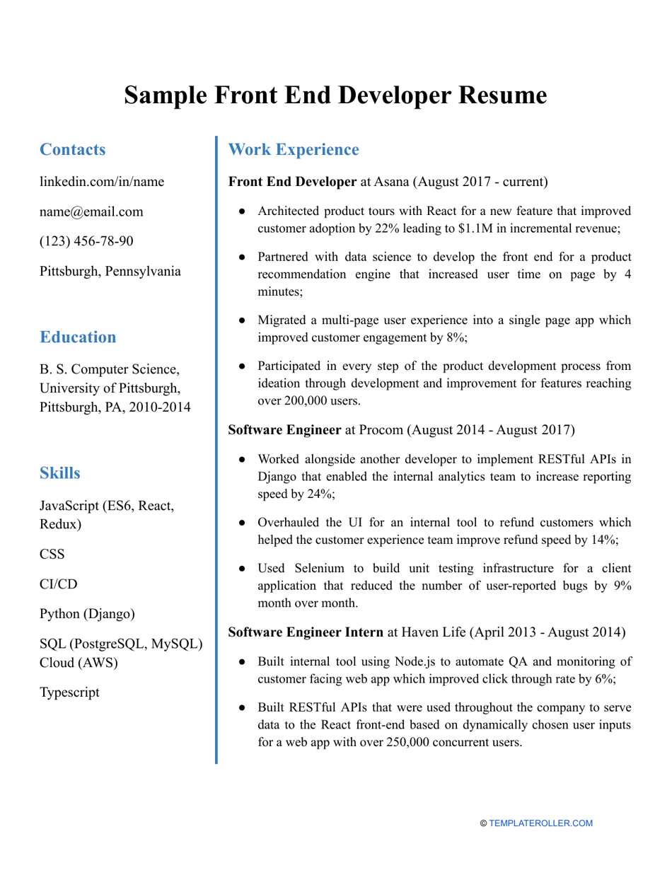 Sample Front End Developer Resume - White and blue minimalist graphic resume template.