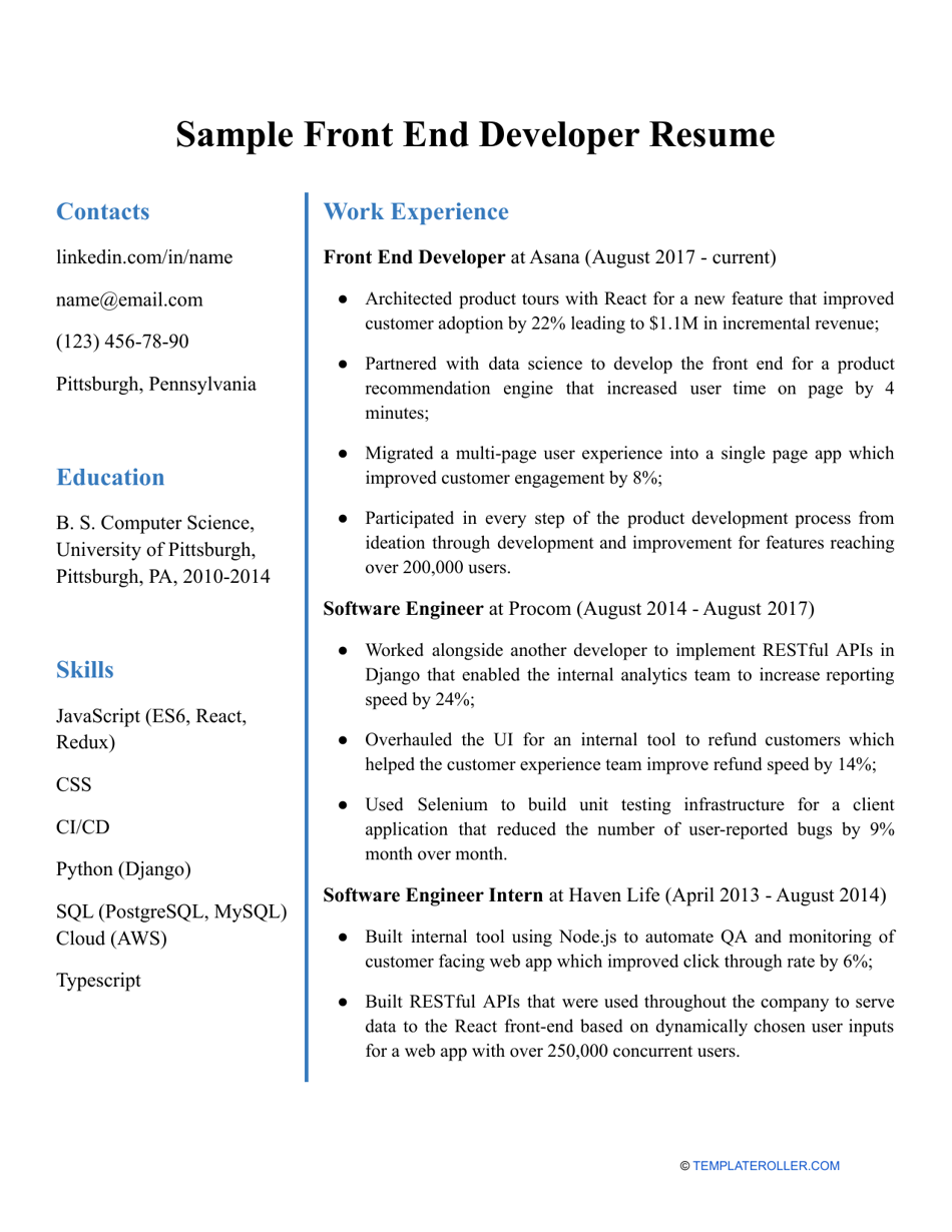 Sample Front End Developer Resume - Sample Front End Developer Resume Print Big 