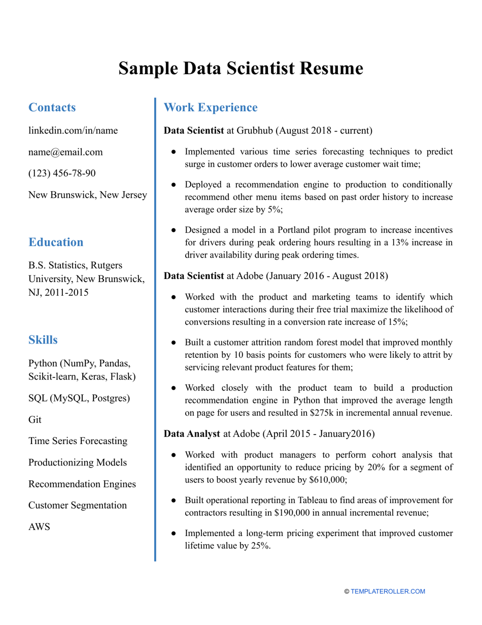 Preview of Sample Data Scientist Resume document