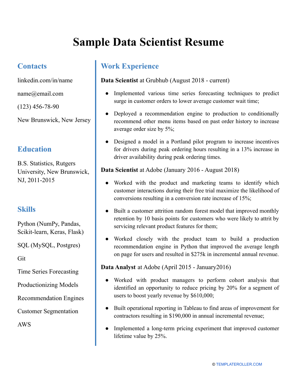 Sample Data Scientist Resume Download Printable PDF Templateroller