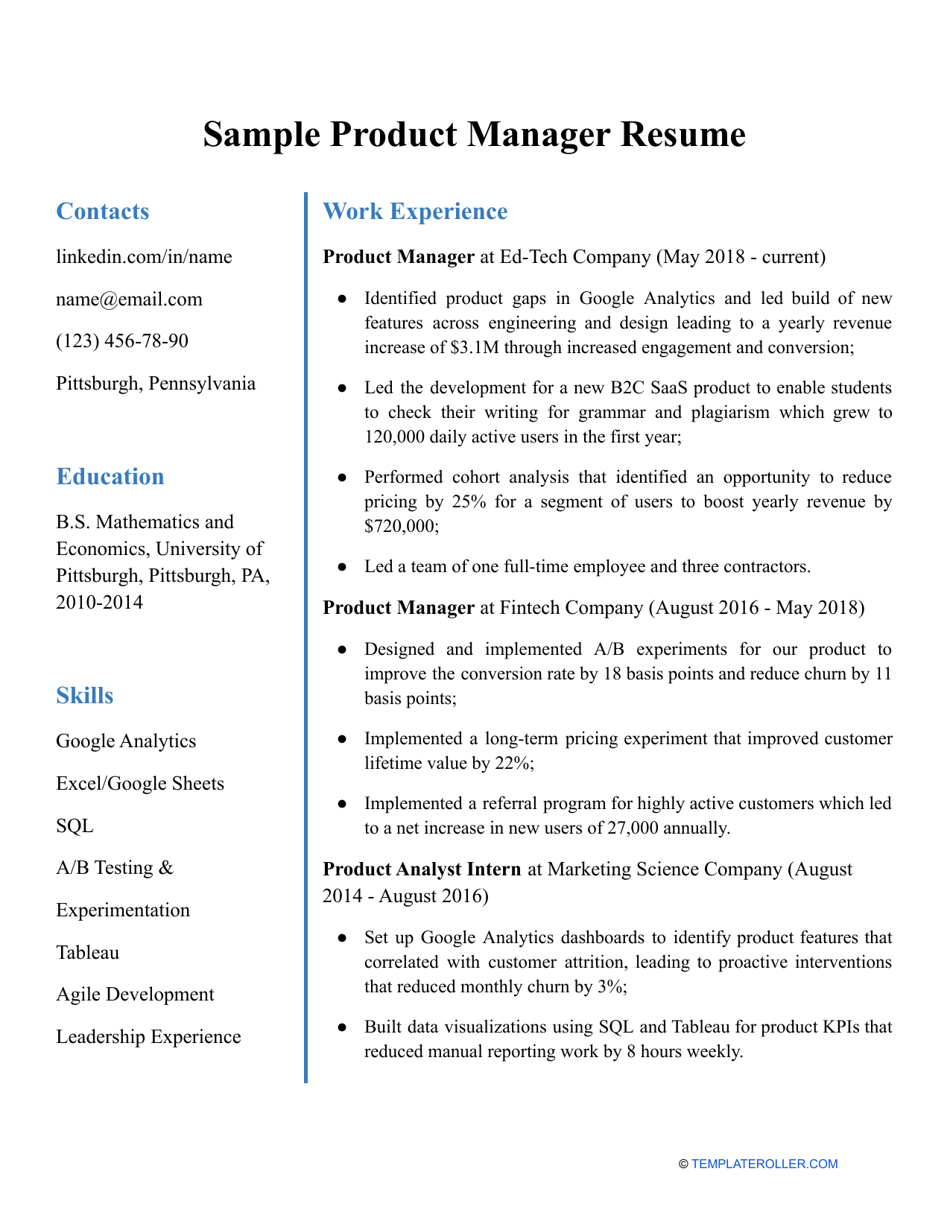 Sample Product Manager Resume