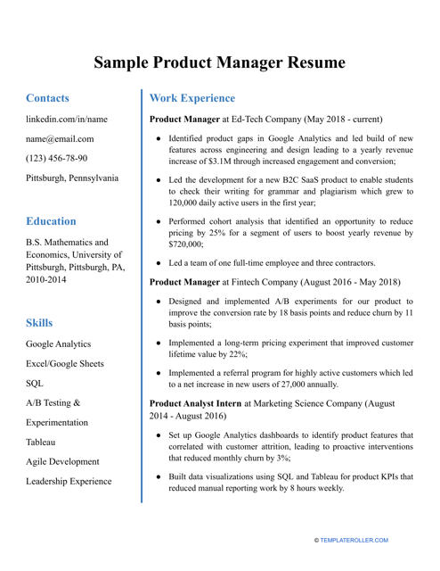 Sample "Product Manager Resume" Download Pdf