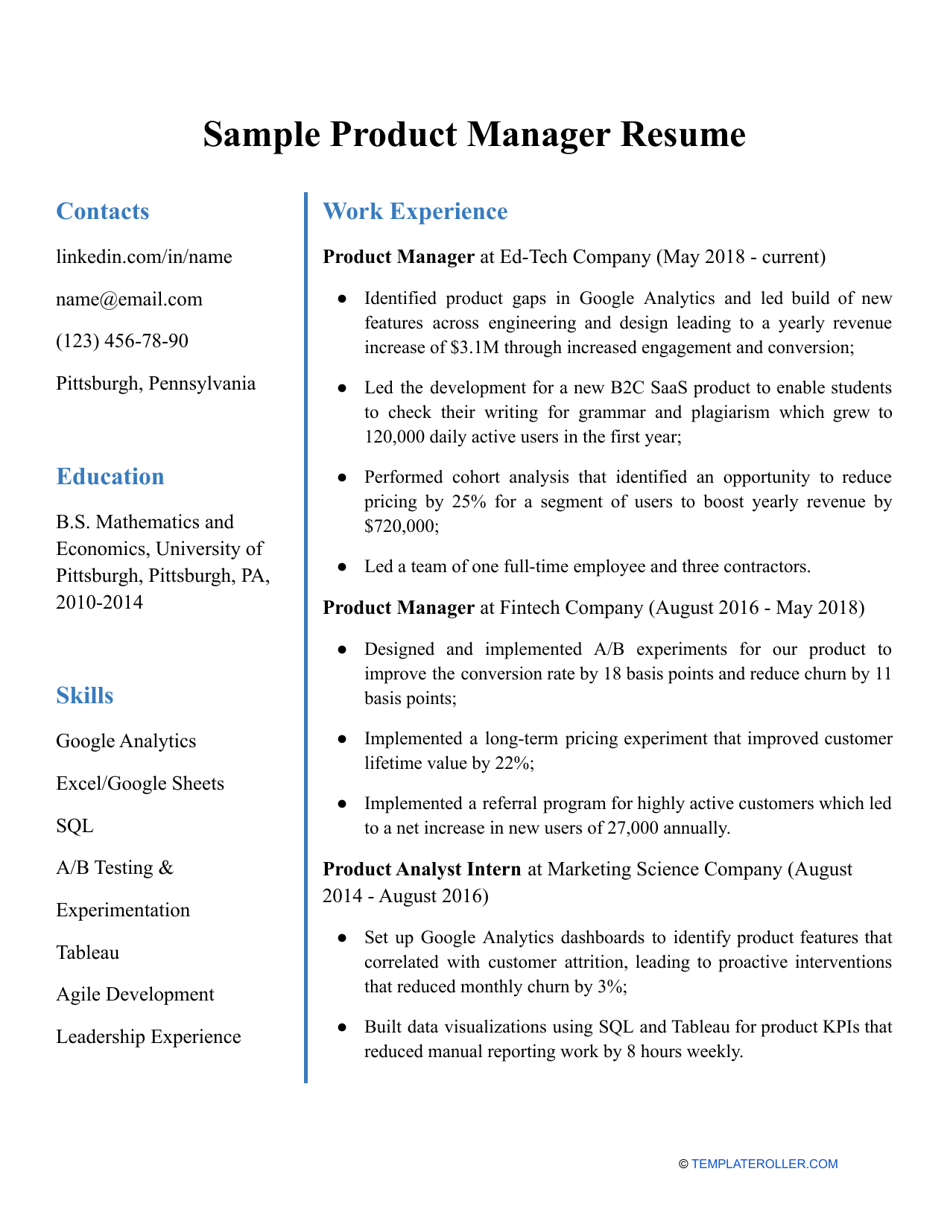 Sample Product Manager Resume Download Printable PDF | Templateroller