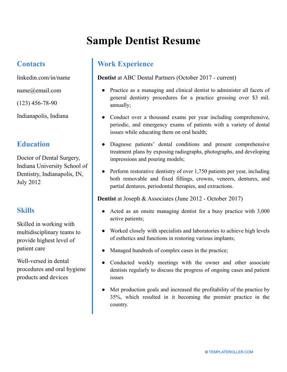 Sample Dentist Resume Download Printable PDF | Templateroller