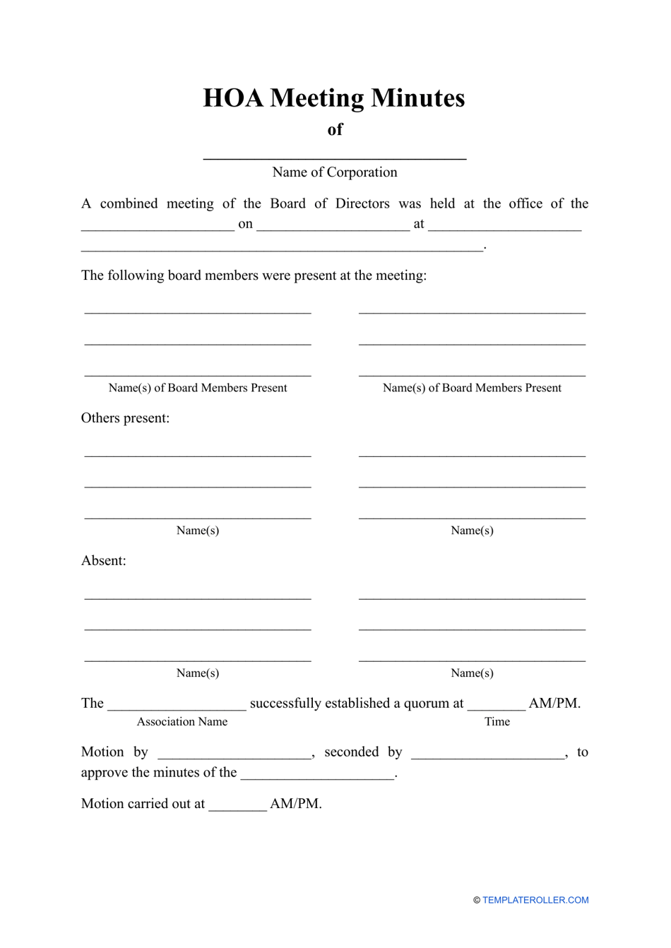 Hoa Meeting Minutes Template Fill Out Sign Online And Download PDF