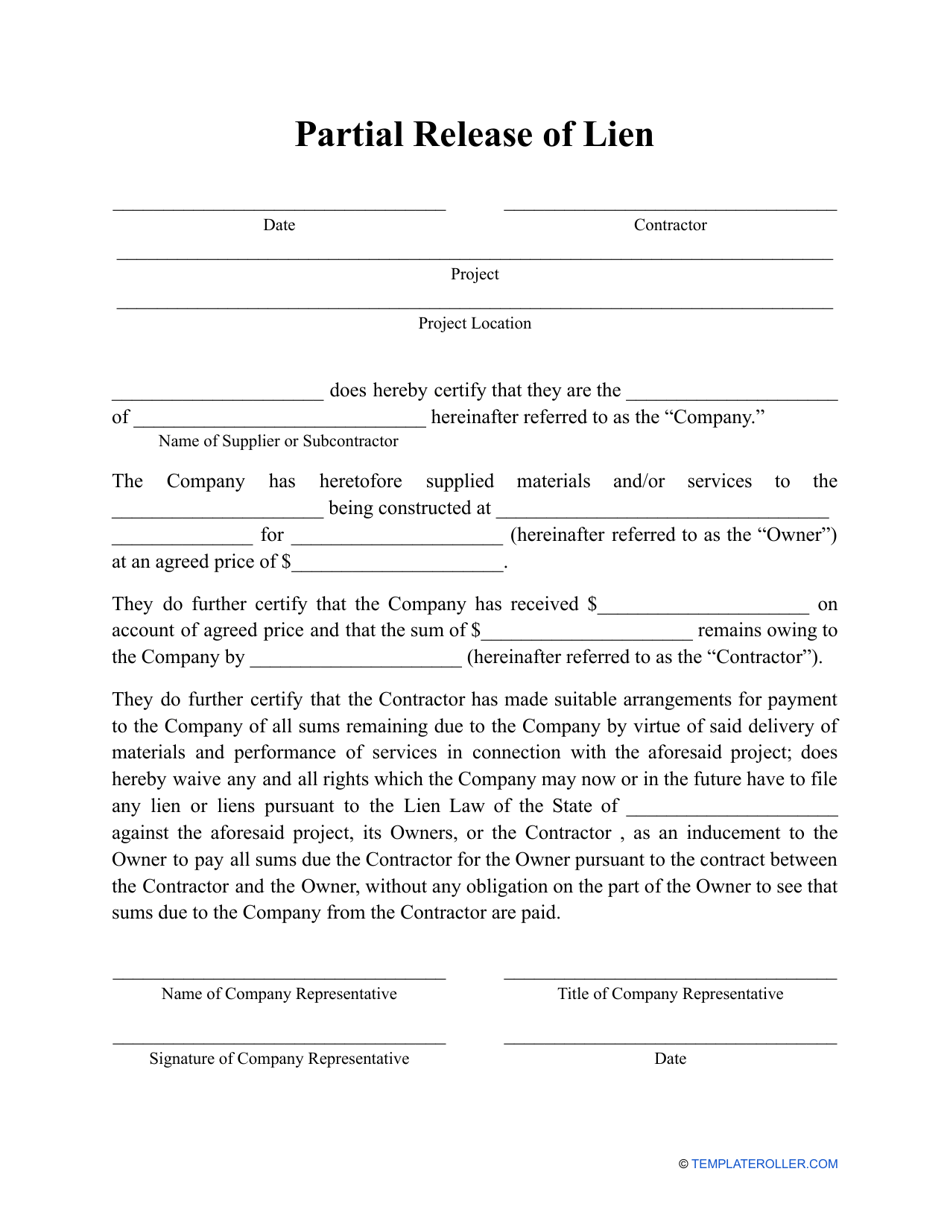 Partial Release of Lien Form, Page 1