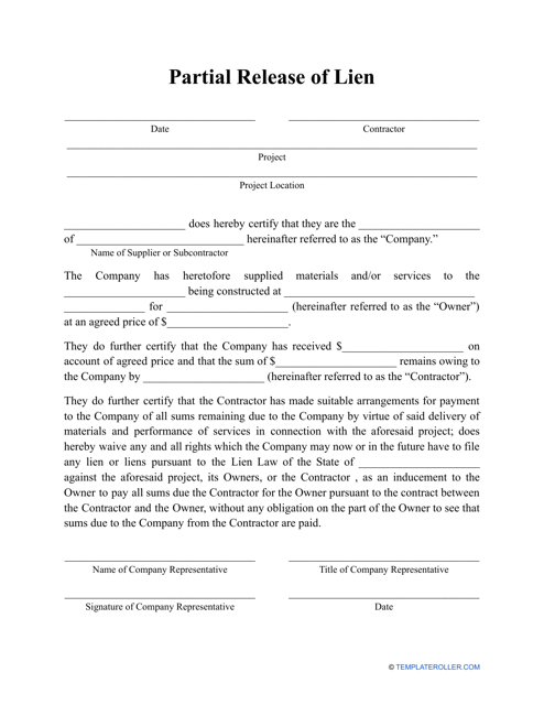 Partial Release of Lien Form Download Pdf