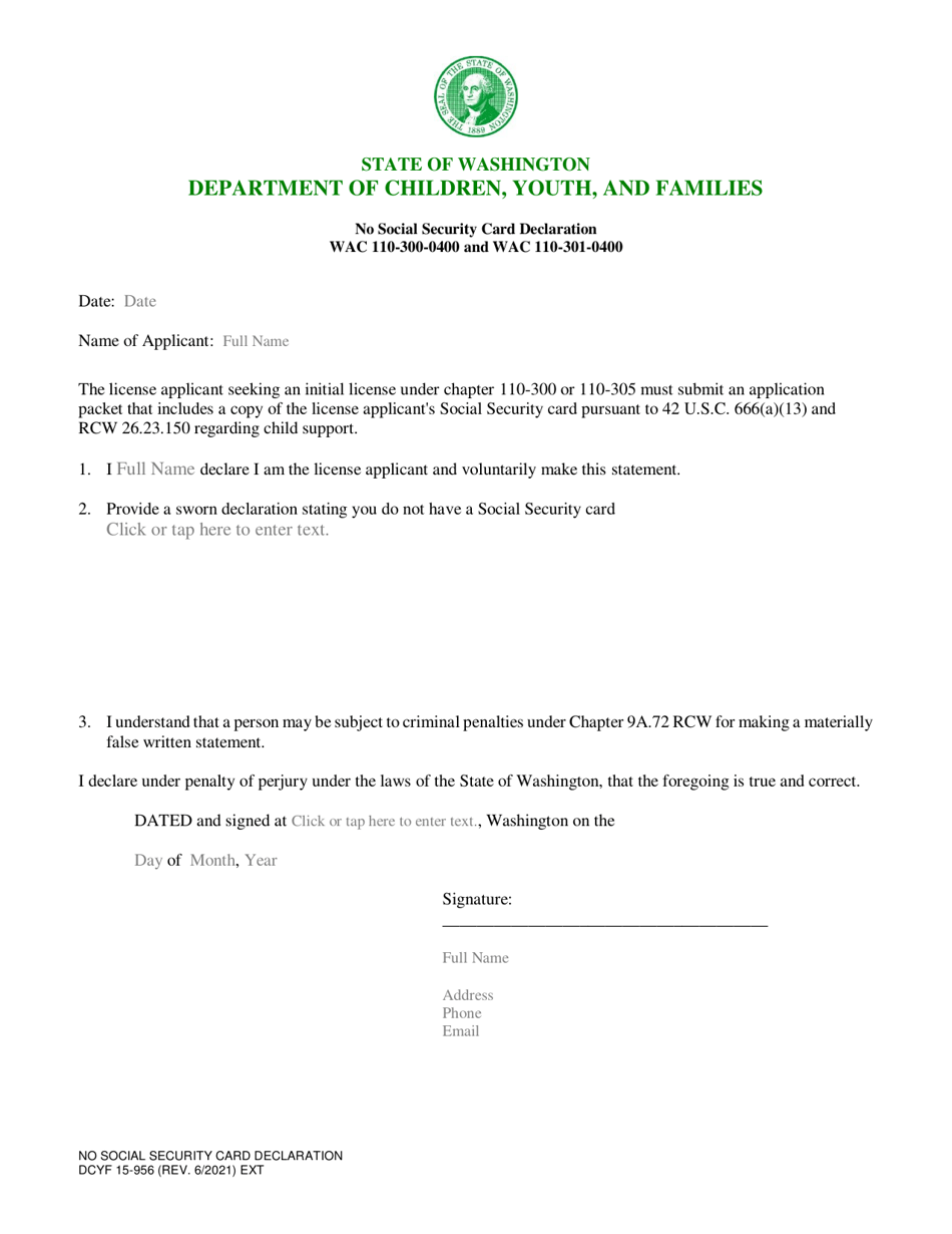 DCYF Form 15-956 No Social Security Card Declaration - Washington, Page 1