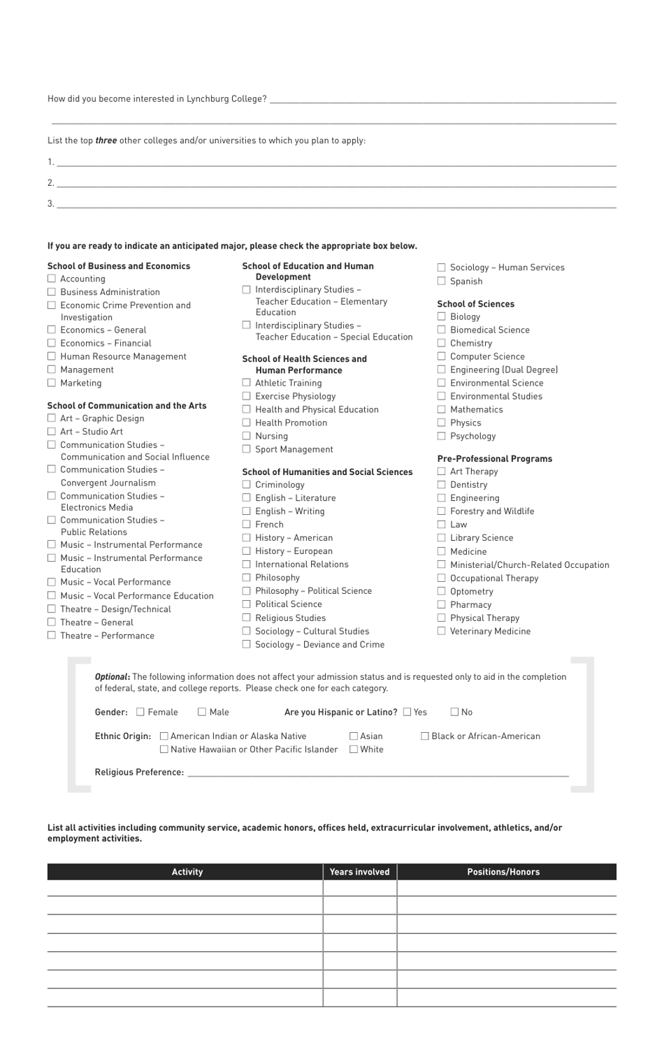 Application for Undergraduate Admission - Lynchburg College, Page 5
