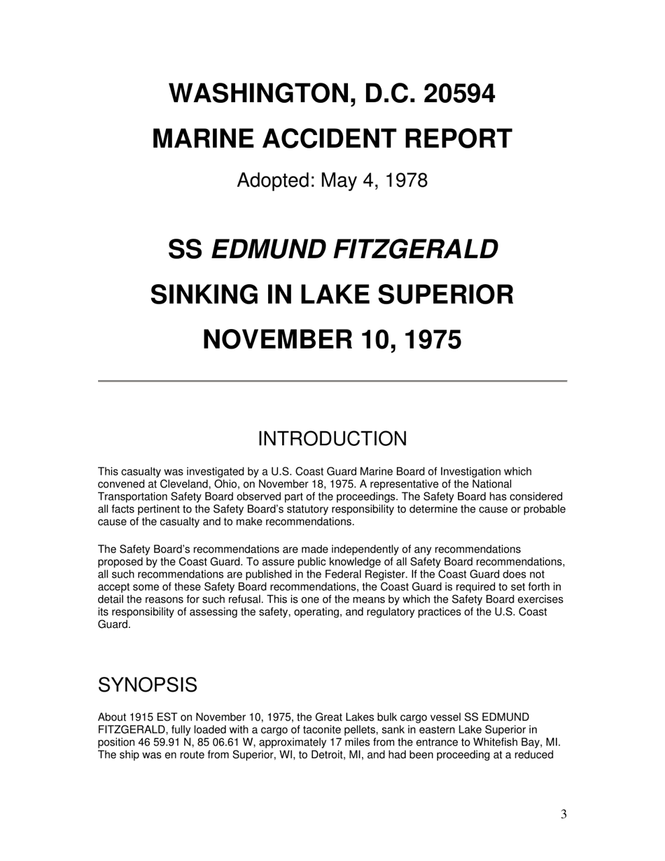 Marine Accident Report: Ss Edmund Fitzgerald Sinking in Lake Superior, Page 3