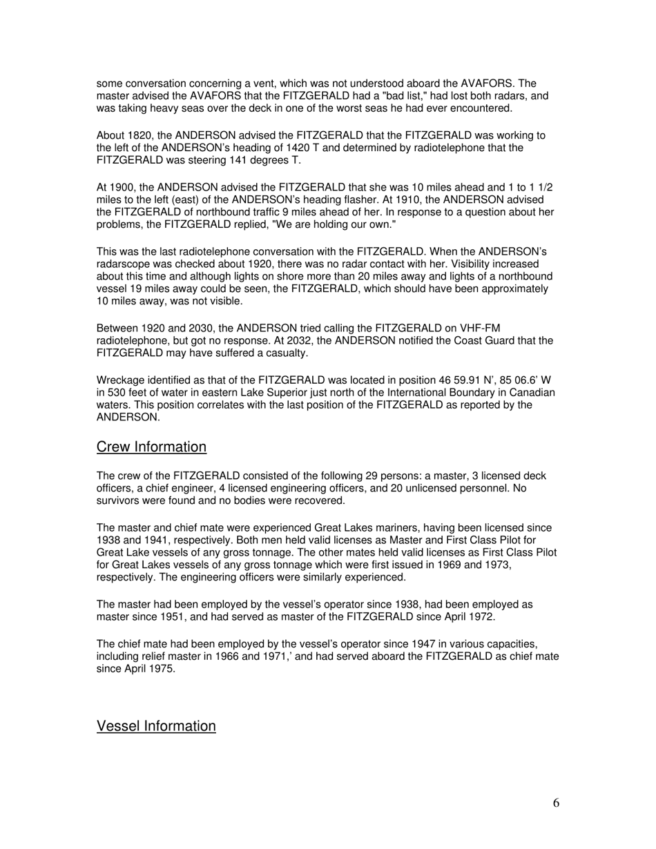 Marine Accident Report: Ss Edmund Fitzgerald Sinking in Lake Superior, Page 6