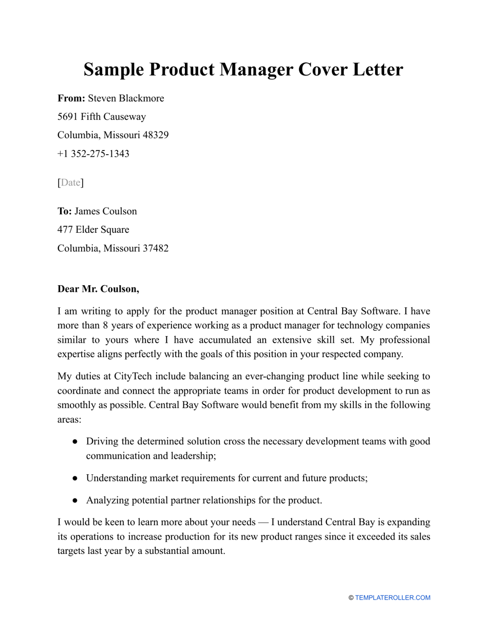 Sample Product Manager Cover Letter