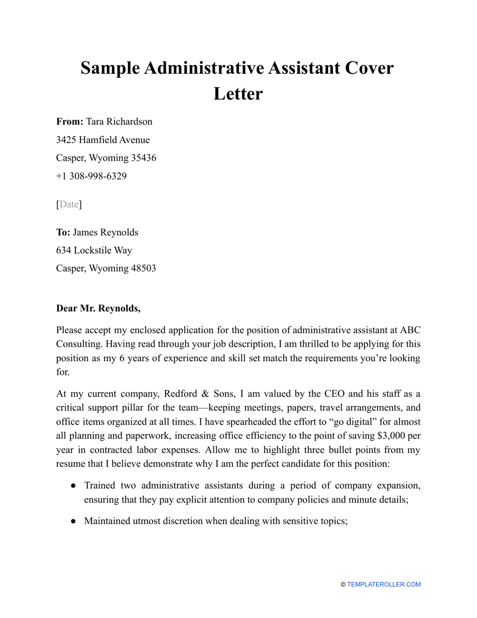 Administrative Assistant Cover Letter – Sample Document Preview