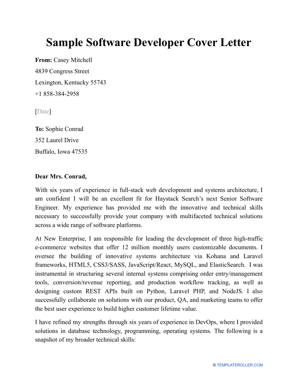 Sample Software Developer Cover Letter Download Printable PDF 