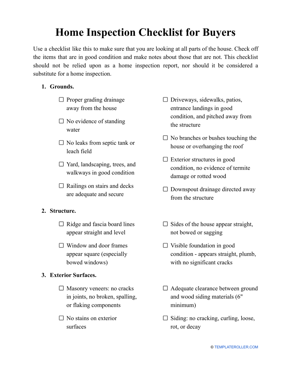 Home Inspection Checklist Template for Buyers Download Printable PDF ...