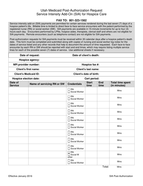 Utah Medicaid Post-authorization Request - Service Intensity Add-On (Sia) for Hospice Care - Utah Download Pdf