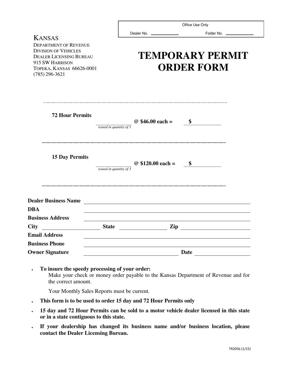 Form TR205B Temporary Permit Order Form - Kansas, Page 1