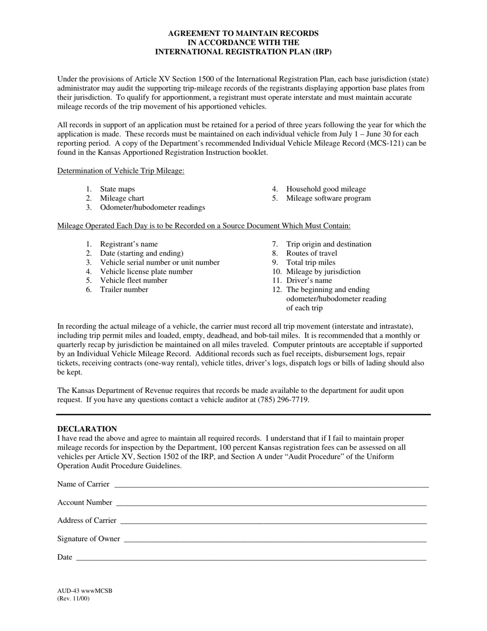 Form AUD-43 Agreement to Maintain Records in Accordance With the International Registration Plan (Irp) - Kansas, Page 1