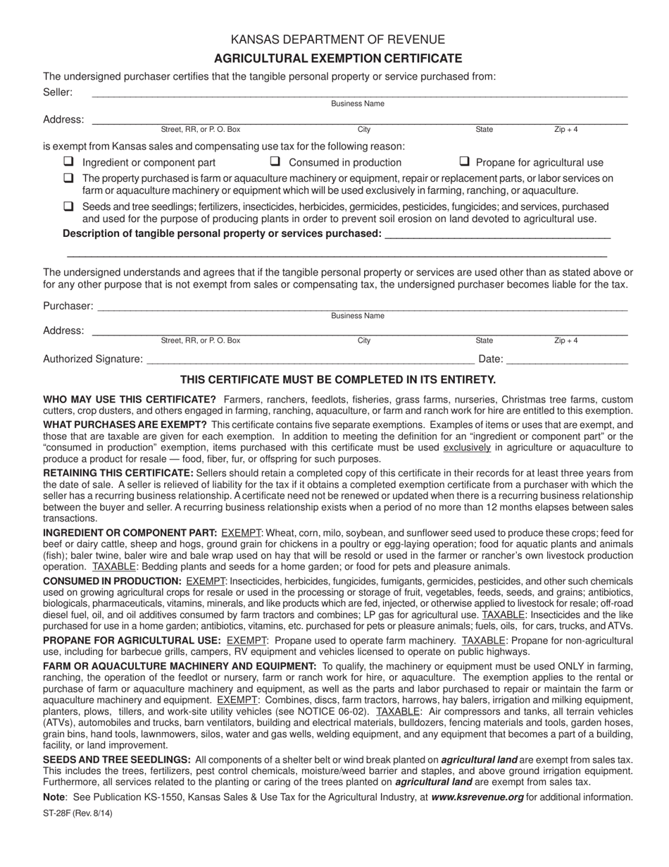 Form ST-28F Agricultural Exemption Certificate - Kansas, Page 1