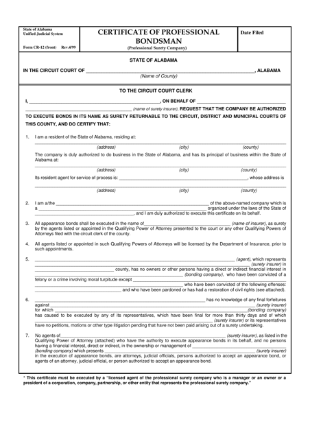 Form CR-12 Certificate of Professional Bondsman (Professional Surety Company) - Alabama