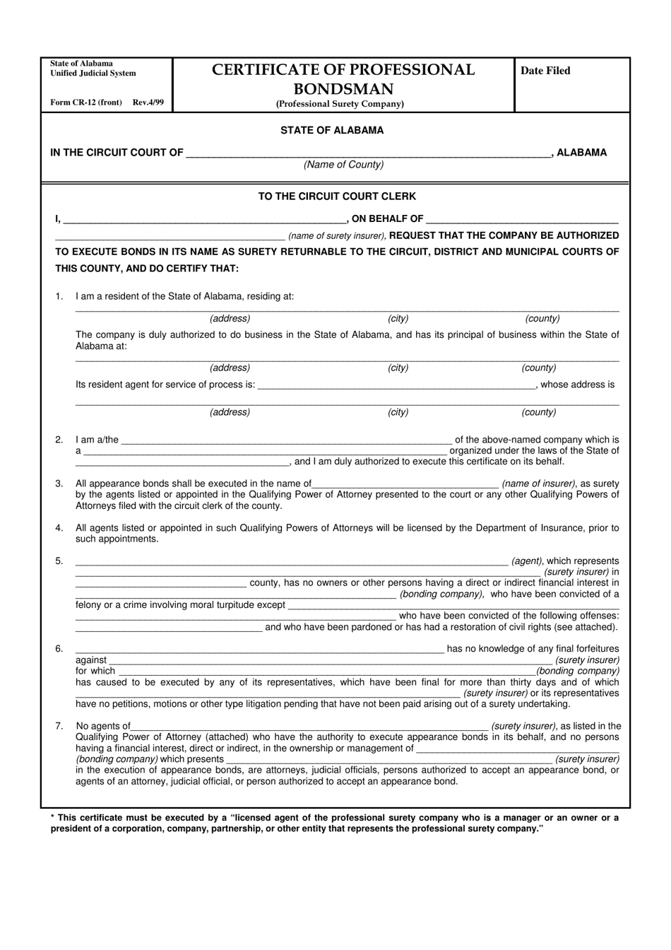 Form CR-12 Certificate of Professional Bondsman (Professional Surety Company) - Alabama, Page 1