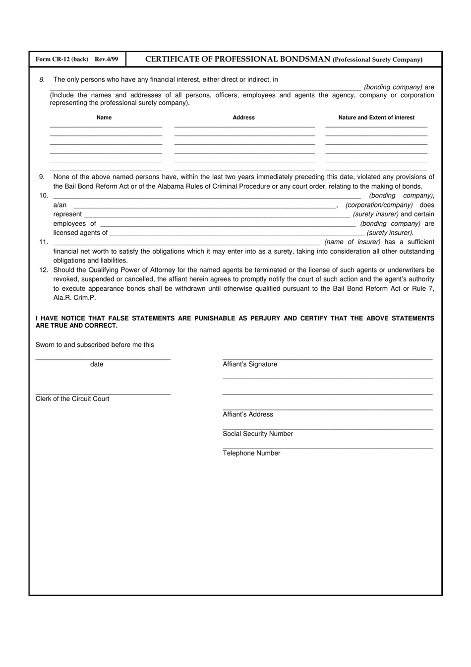 Form CR-12 Certificate of Professional Bondsman (Professional Surety Company) - Alabama, Page 2