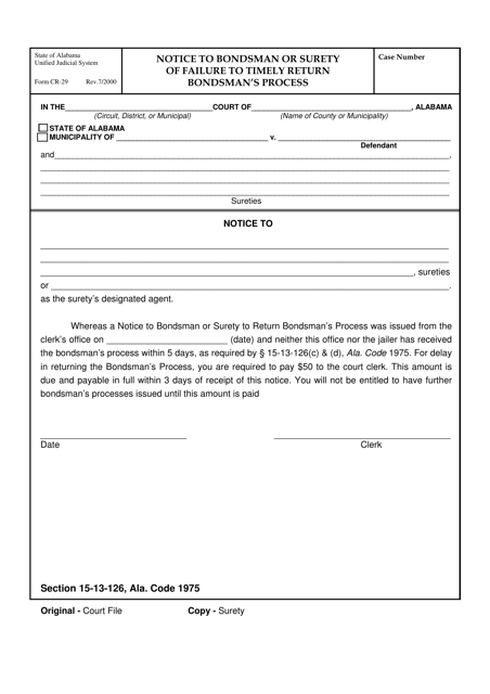 Form CR-29 Notice to Bondsman or Surety of Failure to Timely Return Bondsman's Process - Alabama