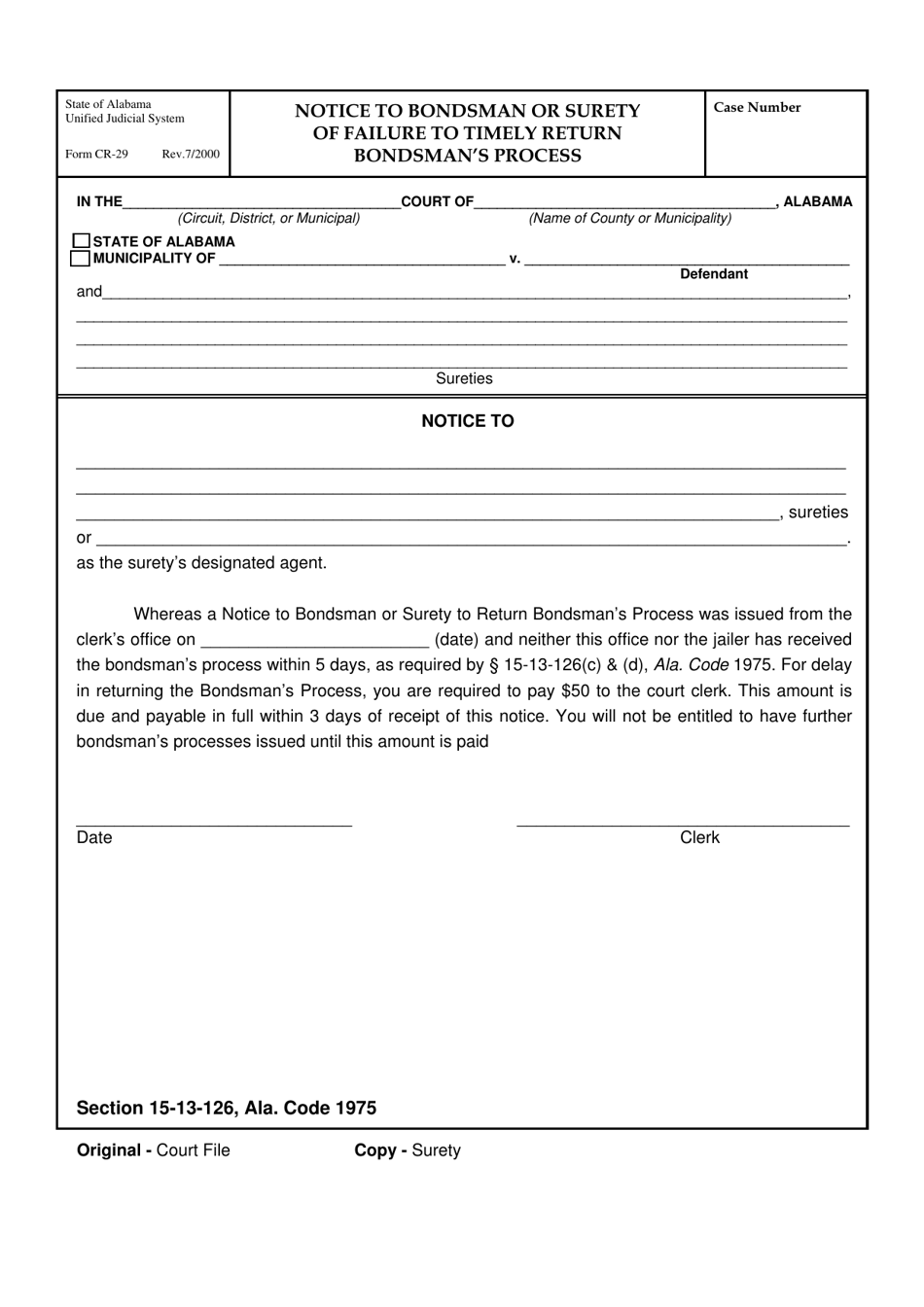 Form CR-29 Notice to Bondsman or Surety of Failure to Timely Return Bondsmans Process - Alabama, Page 1