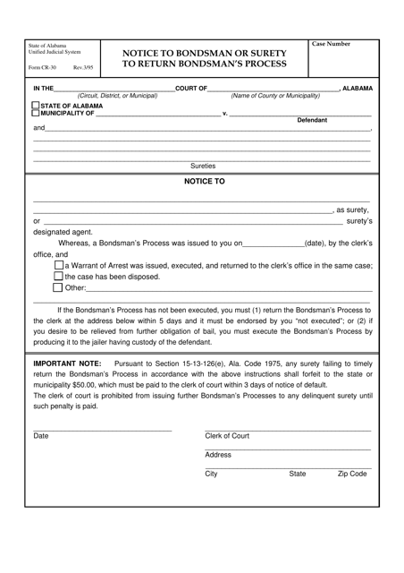 Form CR-30 Notice to Bondsman or Surety to Return Bondsman's Process - Alabama