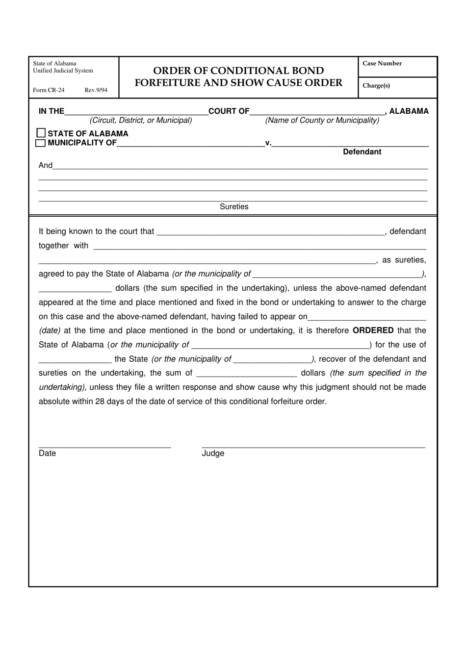 Form CR-24 Order of Conditional Bond Forfeiture and Show Cause Order - Alabama, Page 1