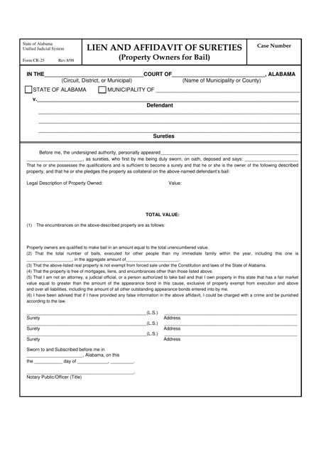Form CR-25 Lien and Affidavit of Sureties (Property Owners for Bail) - Alabama