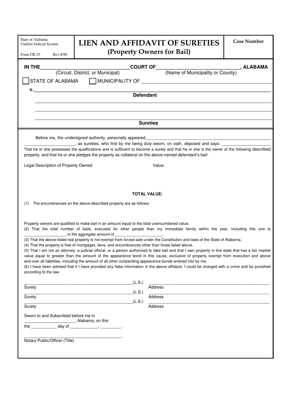 Form CR-25 Lien and Affidavit of Sureties (Property Owners for Bail) - Alabama, Page 1