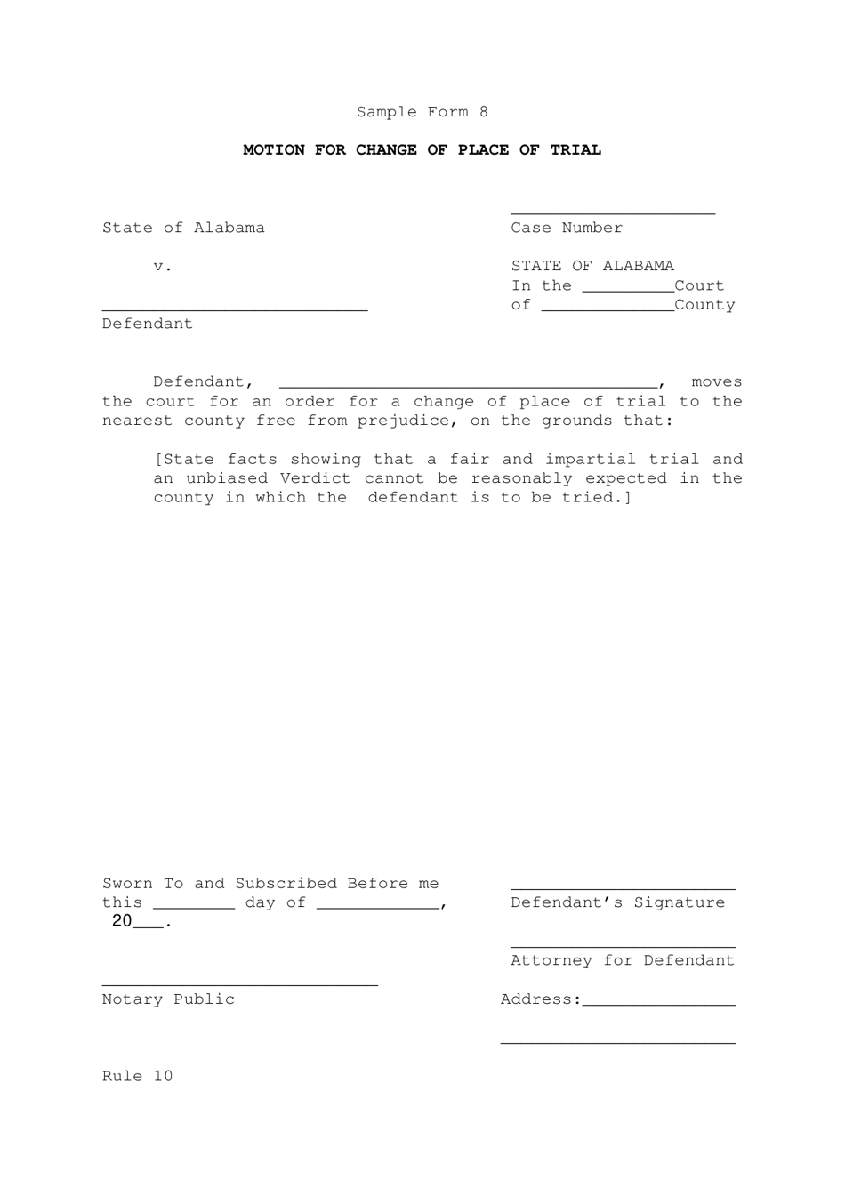 Sample Form 8 Motion for Change of Place of Trial - Alabama, Page 1
