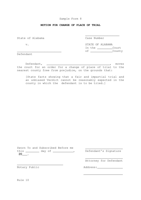 Sample Form 8 Motion for Change of Place of Trial - Alabama