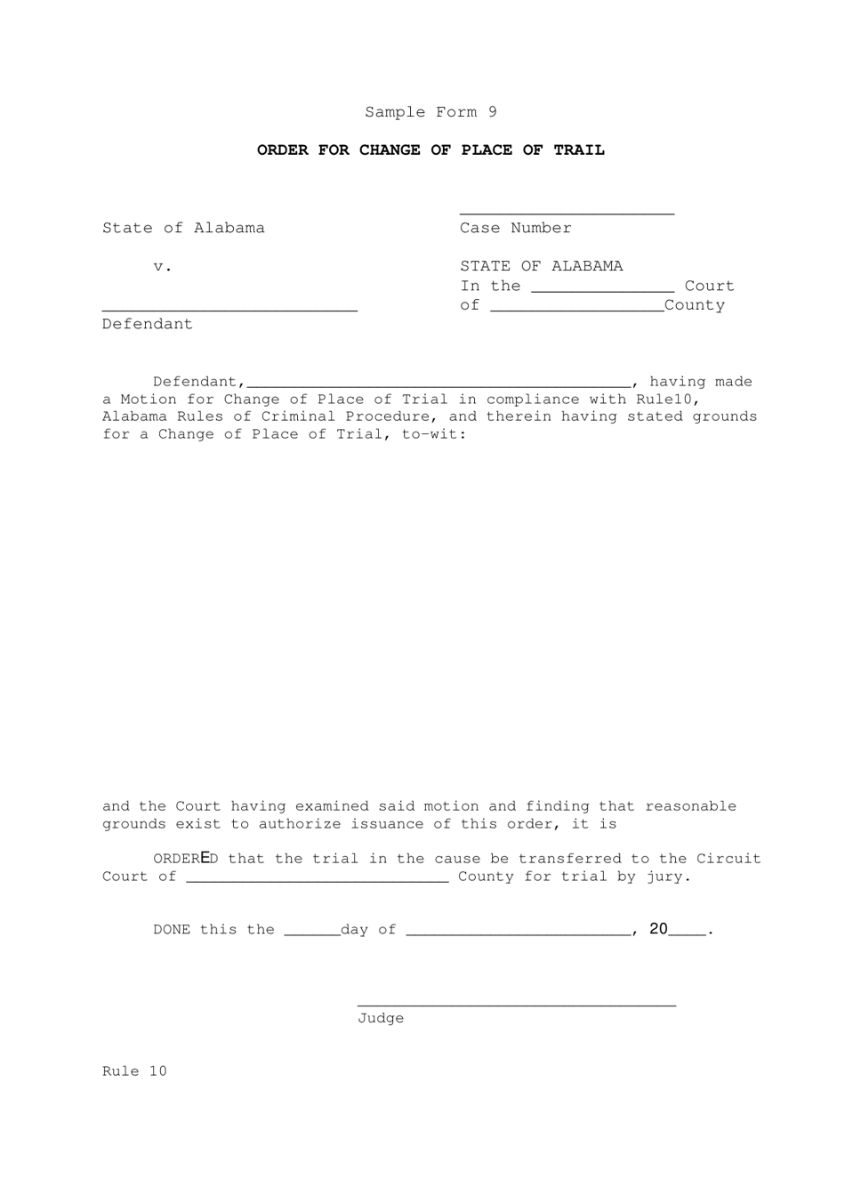 Sample Form 9 Order for Change of Place of Trail - Alabama, Page 1