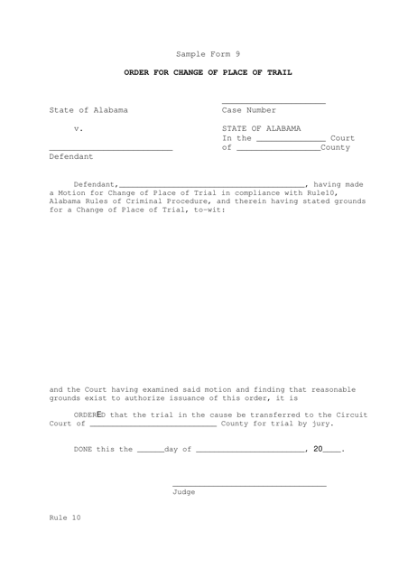 Sample Form 9 Order for Change of Place of Trail - Alabama