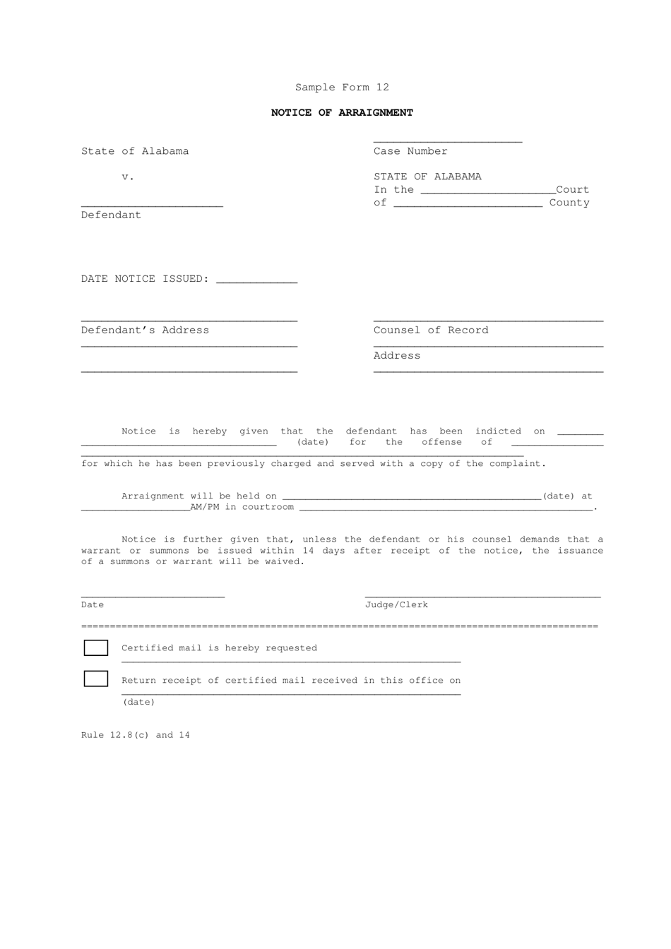 Sample Form 12 Notice of Arraignment - Alabama, Page 1