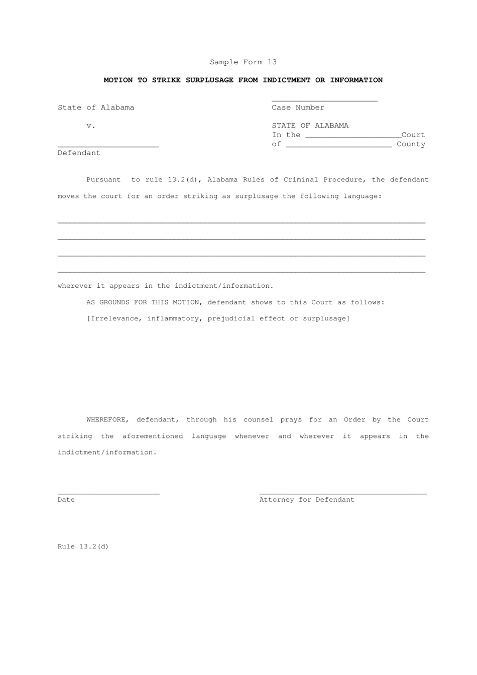 Sample Form 13 Motion to Strike Surplusage From Indictment or Information - Alabama, Page 1