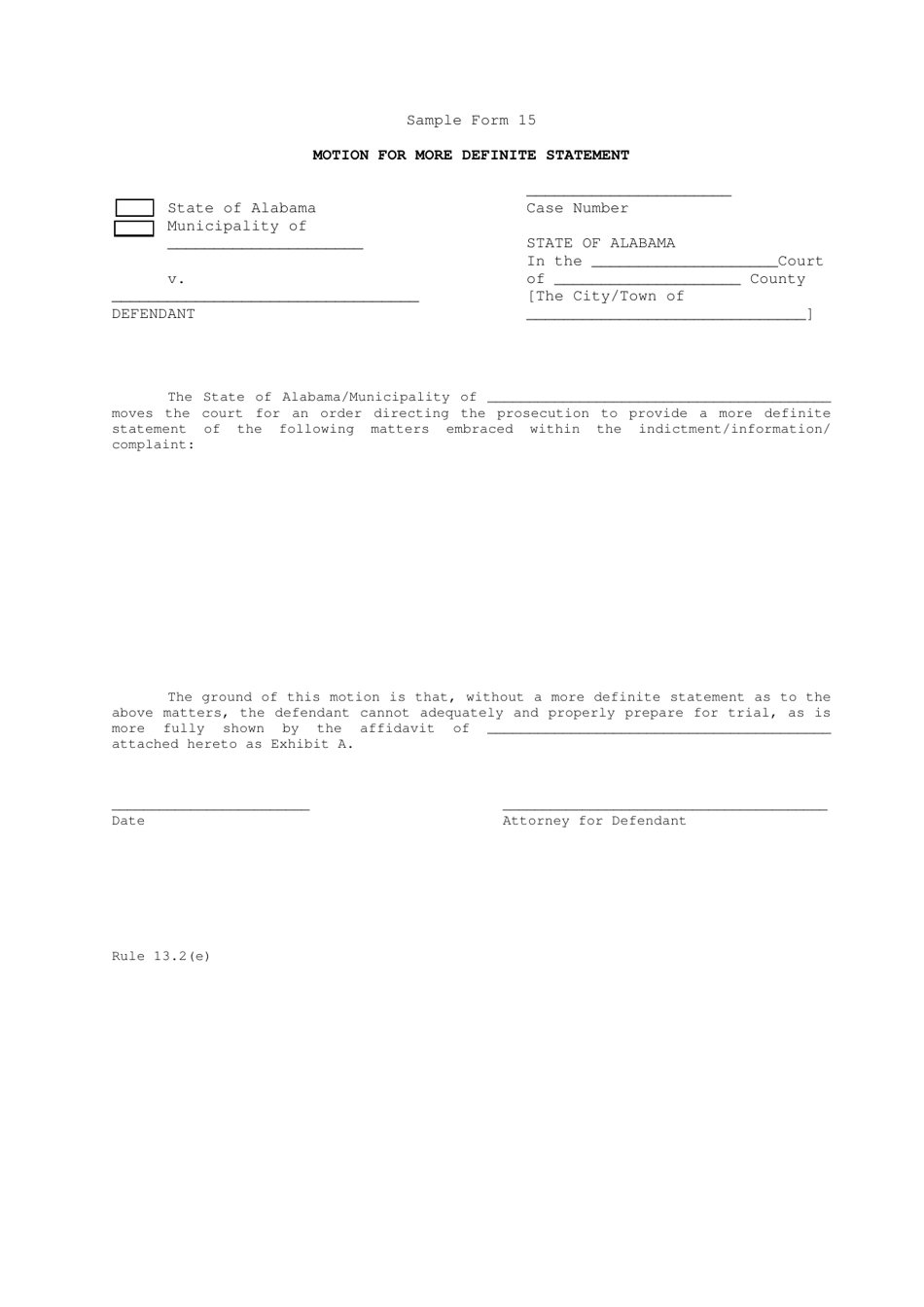Sample Form 15 Motion for More Definite Statement - Alabama, Page 1