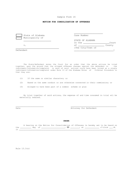 Sample Form 16 Motion for Consolidation of Offenses - Alabama