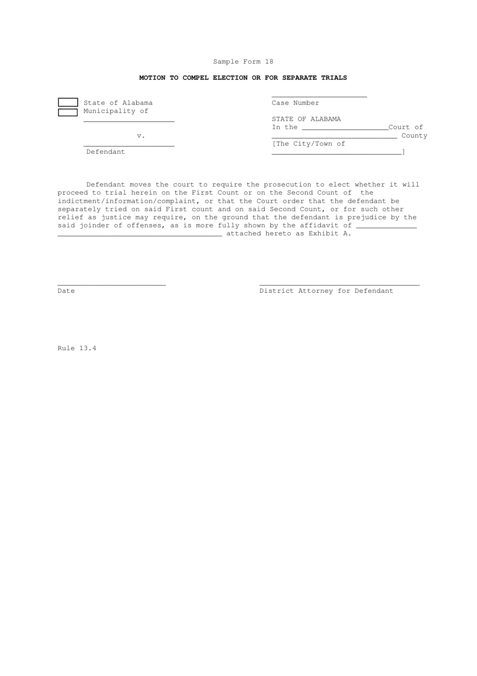 Sample Form 18 Motion to Compel Election or for Separate Trials - Alabama, Page 1