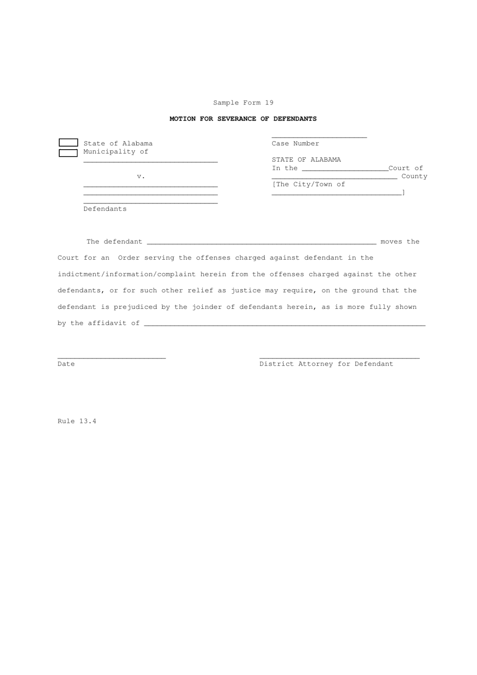 Sample Form 19 Motion for Severance of Defendants - Alabama, Page 1