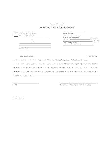 Sample Form 19 Motion for Severance of Defendants - Alabama