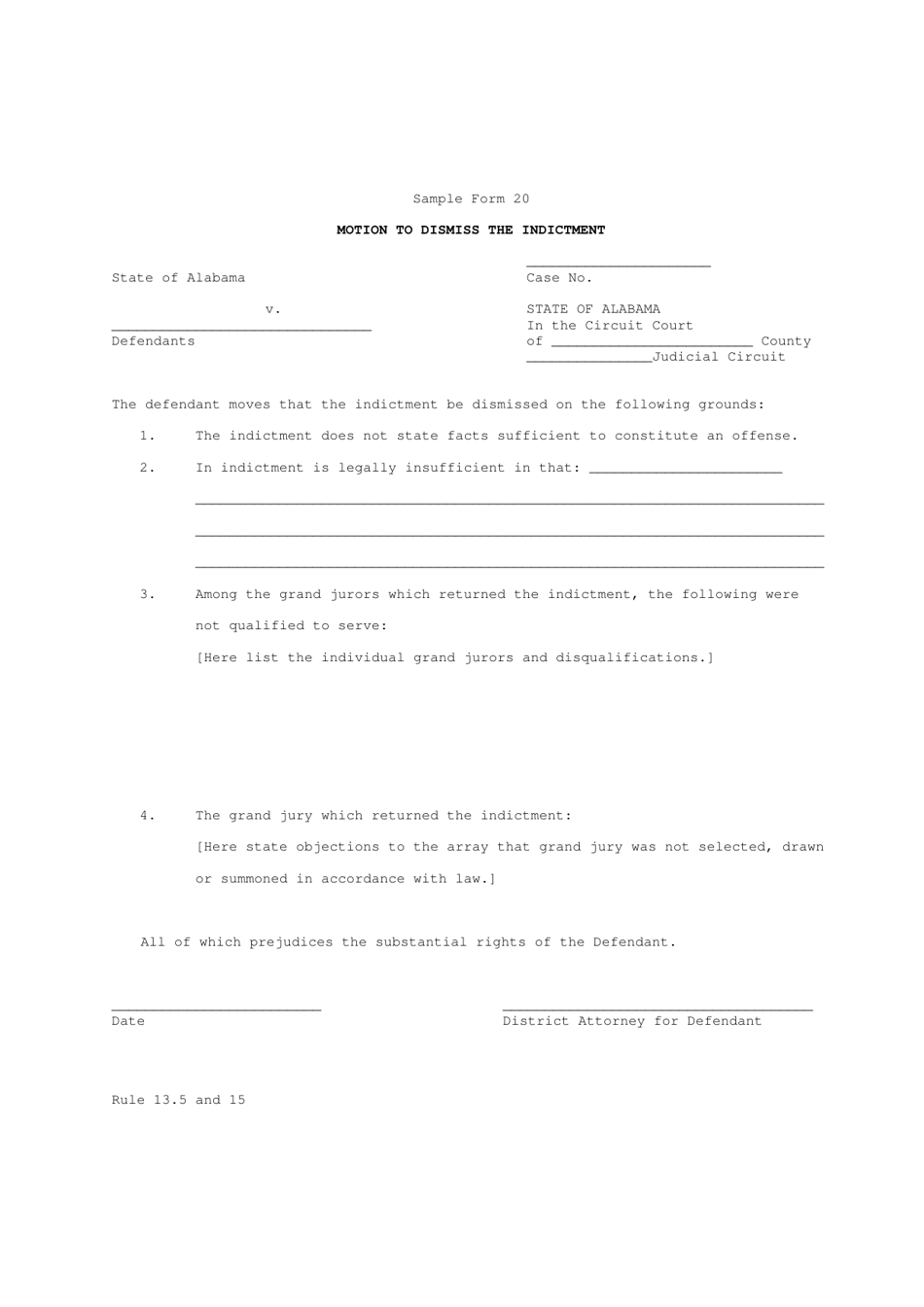 Sample Form 20 Motion to Dismiss the Indictment - Alabama, Page 1