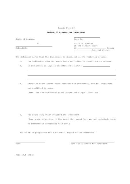 Sample Form 20 Motion to Dismiss the Indictment - Alabama