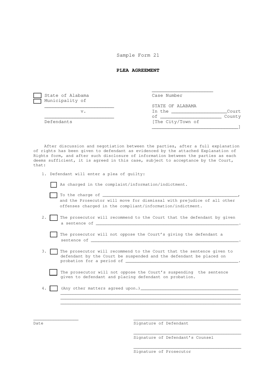Sample Form 21 Plea Agreement - Alabama, Page 1