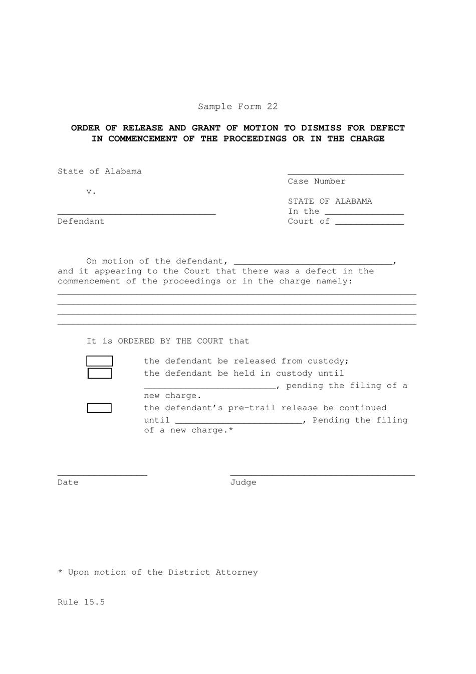 Sample Form 22 Order of Release and Grant of Motion to Dismiss for Defect in Commencement of the Proceedings or in the Charge - Alabama, Page 1