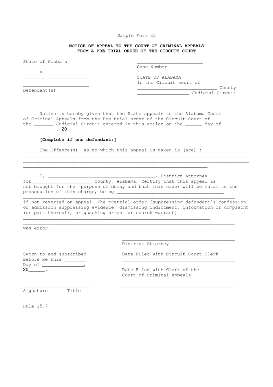 Sample Form 23 Notice of Appeal to the Court of Criminal Appeals From a Pre-trial Order of the Circuit Court - Alabama, Page 1